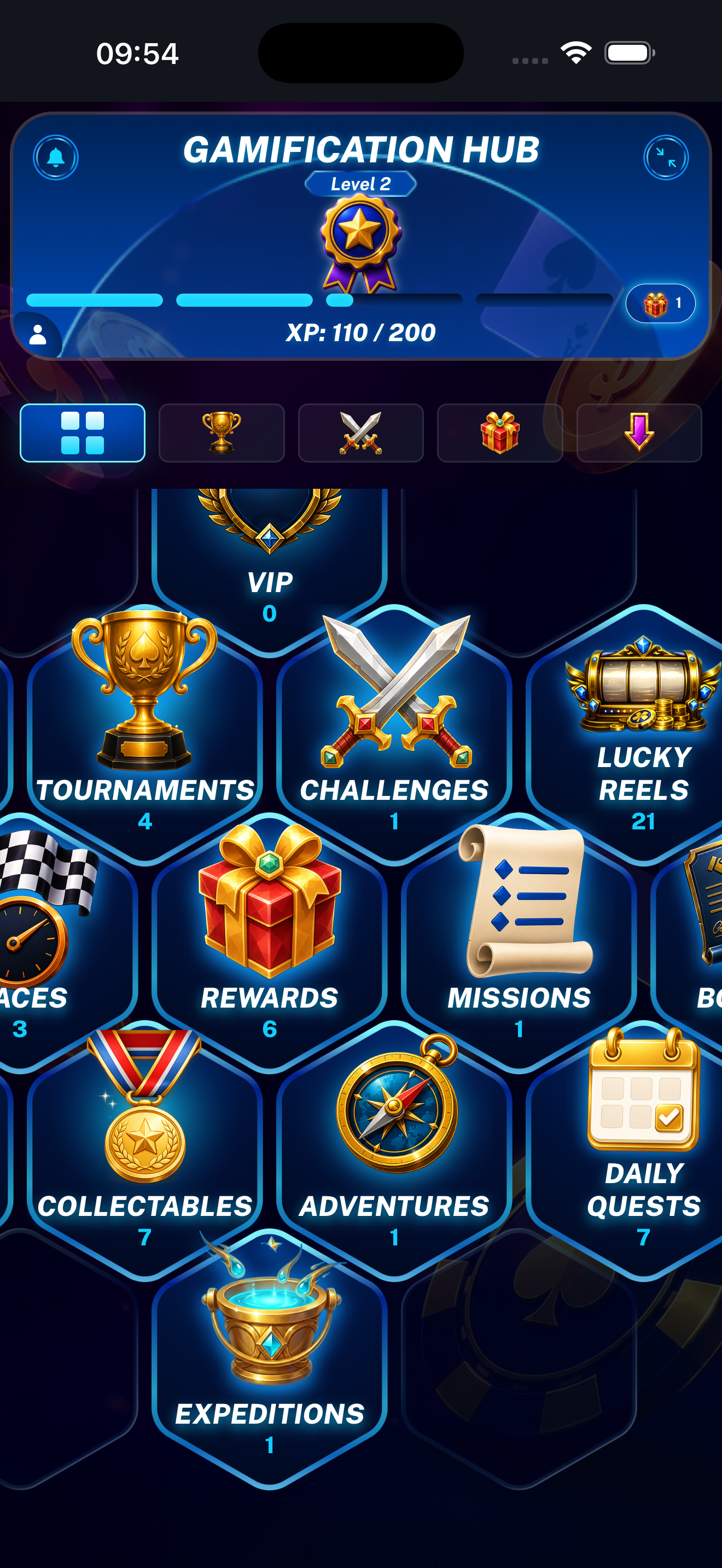 Widgets overview showing the count of incomplete Adventures